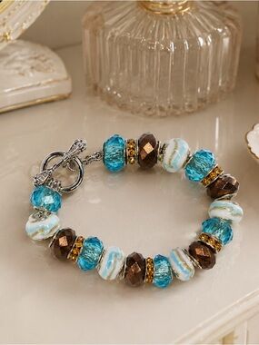 Murano Style Artisan Glass Beaded Bracelet – Aqua Blue, Bronze & Gold